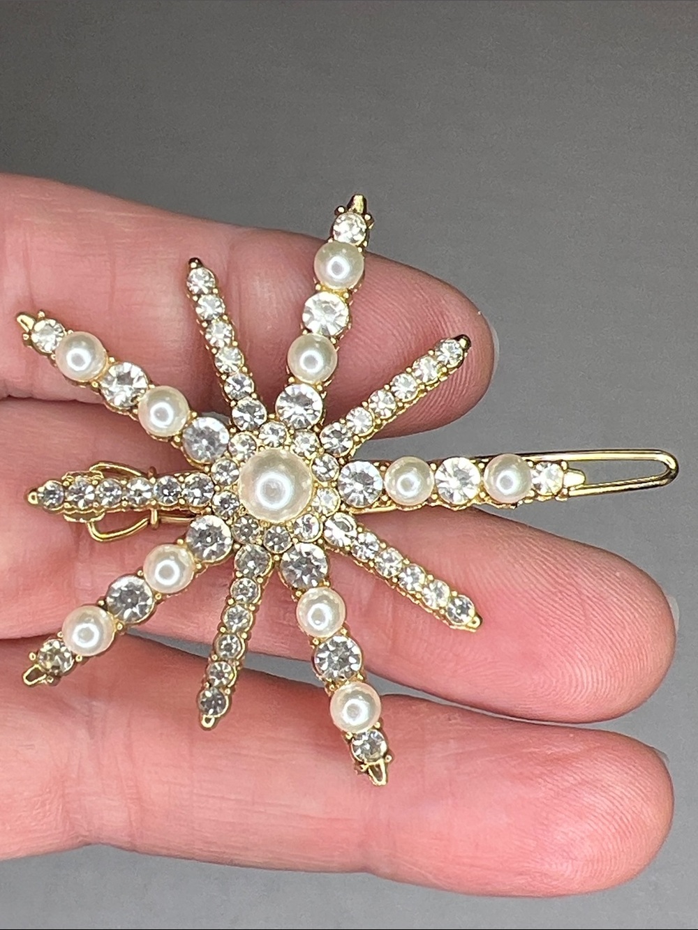 Vintage Faux Pearl & Crystal Starburst Hair Clip with Gold Tone Backing MCM